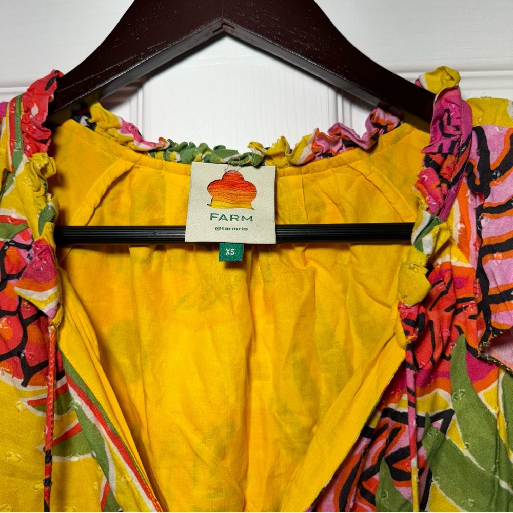 Farm Rio • Ruffle Mini Dress • Yellow Fruit Dream • XS • Beaded Tassels • $180 - Picture 9 of 14